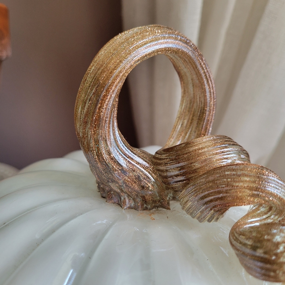 Hand Blown Glass Glossy Pumpkin: White , Gold Leaves Fall Decor Autumn - Picture 5 of 9